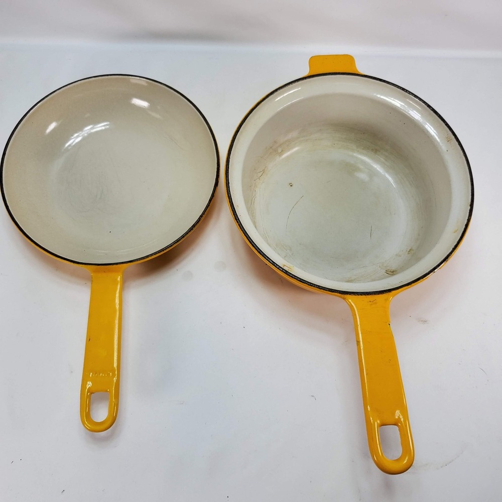 Cousances 18 Saucepan Skillet Lid Yellow Enameled‎ Cast Iron 2-N-1 France MCM
